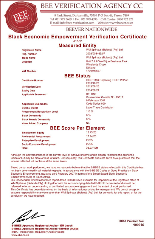 B-BBEE Certificate - WM Spilhaus Boland